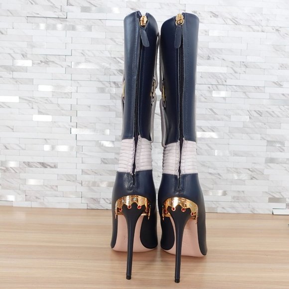 Italian Leather Boots 10 Knee High‎ Swarovski Gold Crown Quite Luxury Blue $1288 - Picture 13 of 16